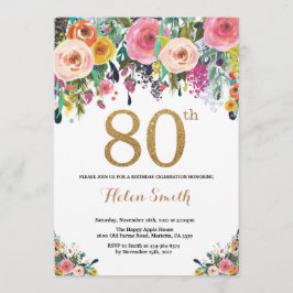 Floral 80. Geburtstag Einladung Gold Glitzer