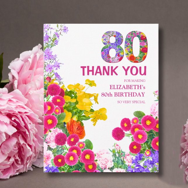 Floral 80. Geburtstag - Elegantes Gartendesign Dankeskarte (Von Creator hochgeladen)