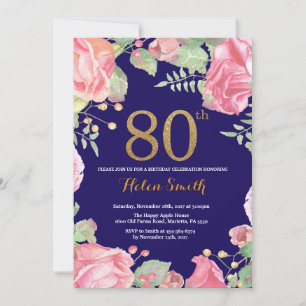 Floral 80. Geburtstag Gold Glitzer Navy Blue Einladung
