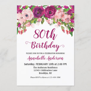 Floral 80. Geburtstag Lila Pink Wasserfarbe Modern Einladung