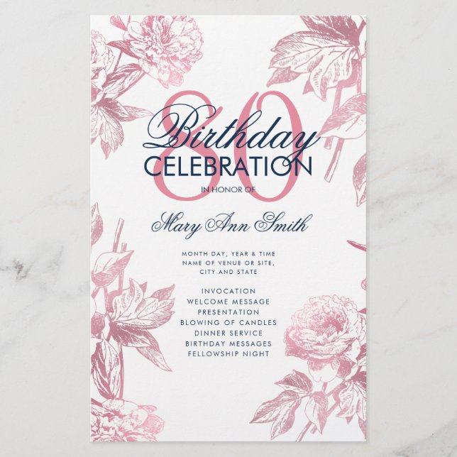 Floral 80. Geburtstag Rose Gold Menü (Vorne)