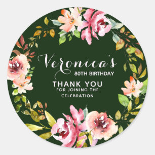 Floral 80. Geburtstag Vielen Dank Grün Runder Aufkleber
