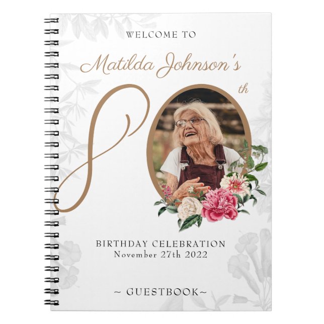 Floral 80. Geburtstag Weißes Foto Gästebuch Notizblock (Vorderseite)