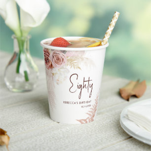 Floral 80. Geburtstagsparty Pampas Grass Pappbecher