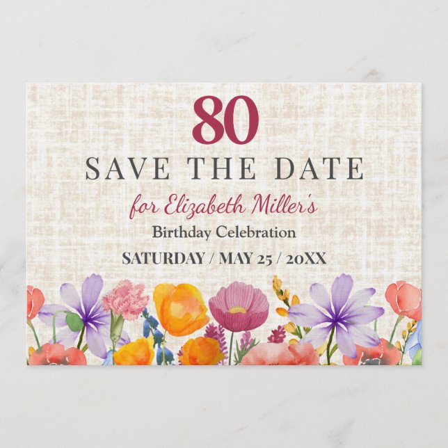 Floral 80th Birthday Save the Date - Garden Party Einladung (Vorderseite)