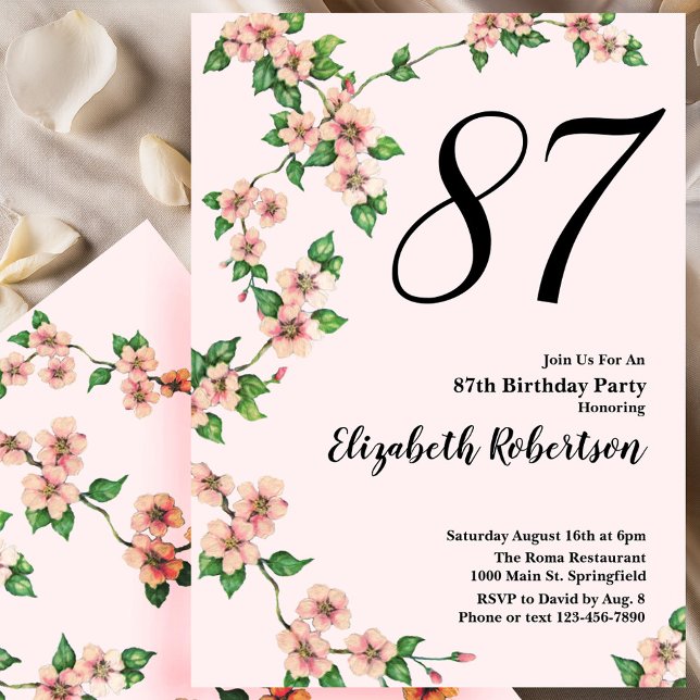 Floral 87th Birthday Invitation in Blush Pink Einladung (Von Creator hochgeladen)