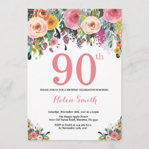 Floral 90. Geburtstag Einladung Pink