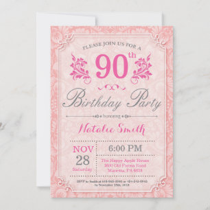 Floral 90. Geburtstag Einladung Rosa für Frauen