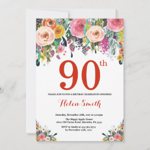 Floral 90. Geburtstag Einladung Rot