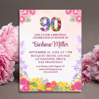 Floral 90. Geburtstag - Elegante Pastel 90 Jahre Einladung