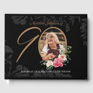 Floral 90. Geburtstag Elegantes Schwarzes Gold Cus Gästebuch