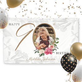 Floral 90. Geburtstag Elegantes Weißes Gold Custom Banner