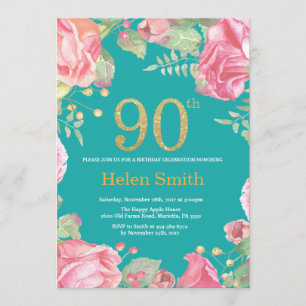 Floral 90. Geburtstag Gold Glitzer und Aquamarin Einladung