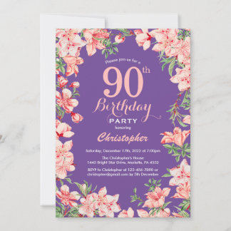 Floral 90. Geburtstag Rosa Blume Lila Violett Einladung
