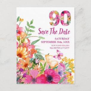 Floral 90. Geburtstag Save the Date, elegant einla Ankündigungspostkarte
