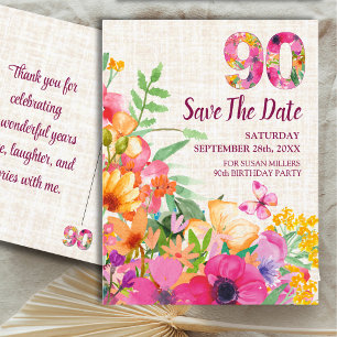 Floral 90. Geburtstag Save the Date, Linen 90 Jahr Ankündigungspostkarte