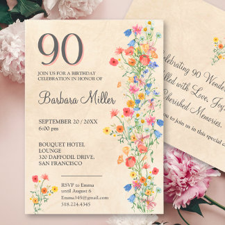 Floral 90. Geburtstag - Wildblumen 90 Jahre Party Einladung