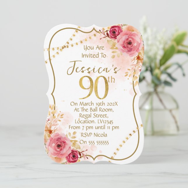Floral 90th Birthday Invitation Einladung (Stehend Vorderseite)