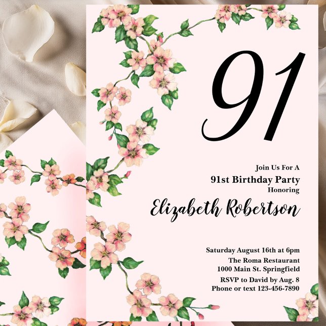 Floral 91st Birthday Invitation in Blush Pink Einladung (Von Creator hochgeladen)