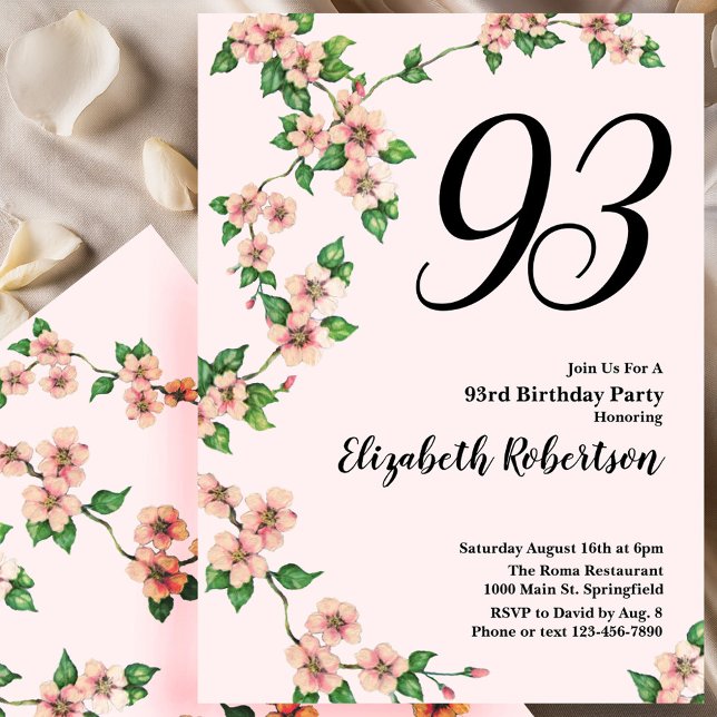 Floral 93rd Birthday Invitation in Blush Pink Einladung (Von Creator hochgeladen)