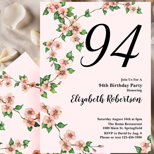 Floral 94th Birthday Invitation in Blush Pink Einladung (Von Creator hochgeladen)