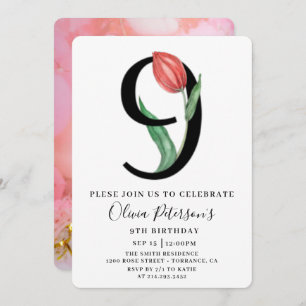 Floral 9. Geburtstag mit individueller Foto-Einlad Einladung