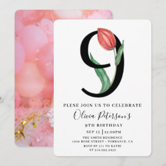 Floral 9. Geburtstag mit individueller Foto-Einlad Einladung
