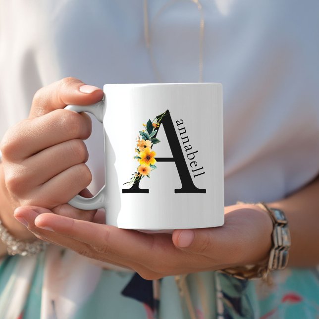 Floral-A-Monogramm-Tasse mit bearbeitbarem Namen Kaffeetasse (Floral A Monogram Mug with Editable Name. Yellow, Orange & Greenery Watercolor Flowers.)