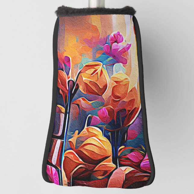 Floral Abstract Art Orange Red Blue Flowers Golf Headcover (Rotieren 90)