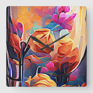Floral Abstract Art Orange Red Blue Flowers Quadratische Wanduhr