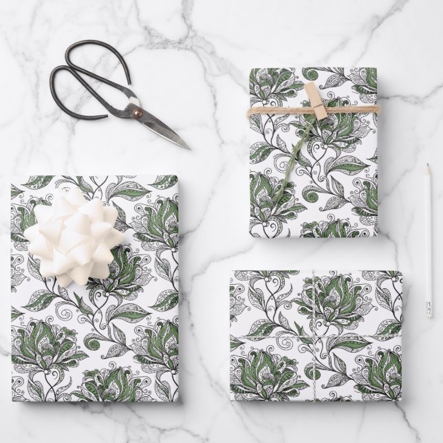 Floral Abstract Doodle Art Style Shades of Green Geschenkpapier Set (Vorderseite)