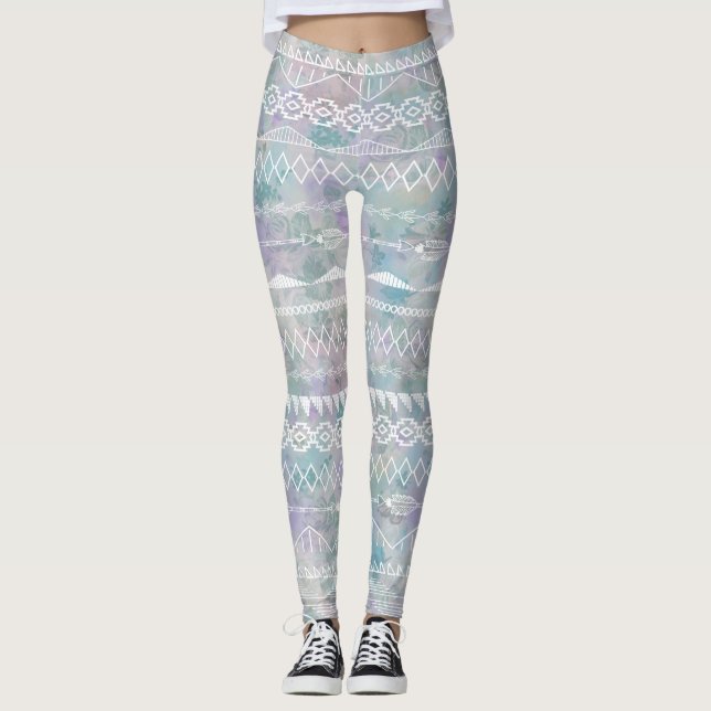 Floral Abstrakt Aztec Tribal Lila blaues Muster Leggings (Vorderseite)