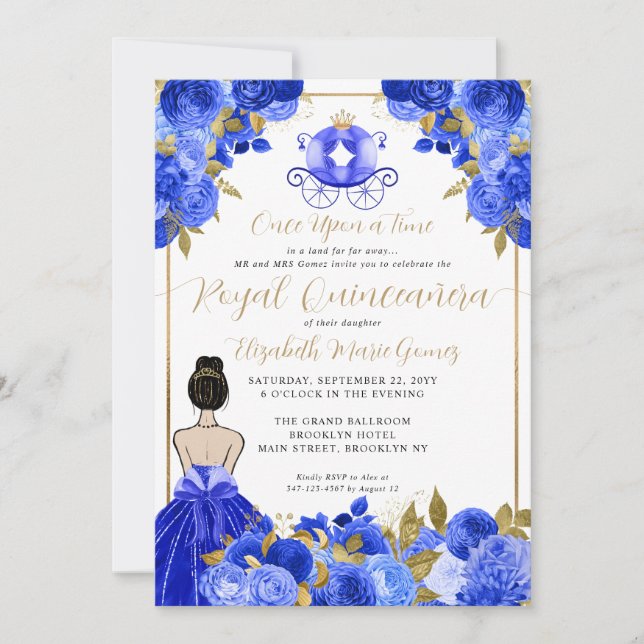 Floral Ainderella Princess Royal Blue Quinceanera Einladung (Vorderseite)