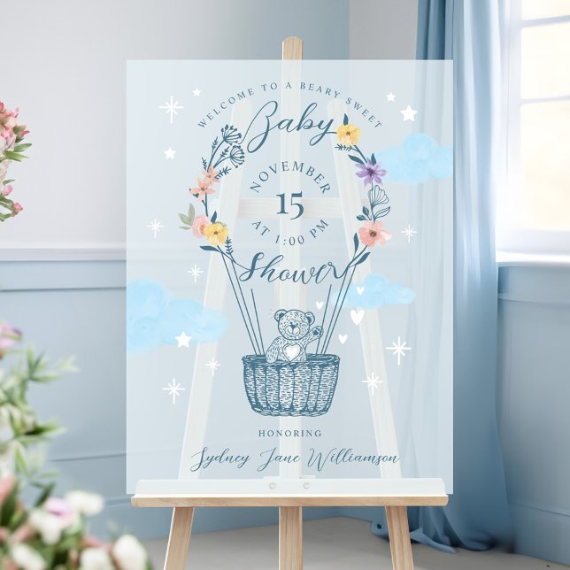 Floral Air Ballon Teddy Bear Blue Baby Dusche Acrylschild (Floral Air Balloon Teddy Bear Blue Baby Shower Acrylic Sign)