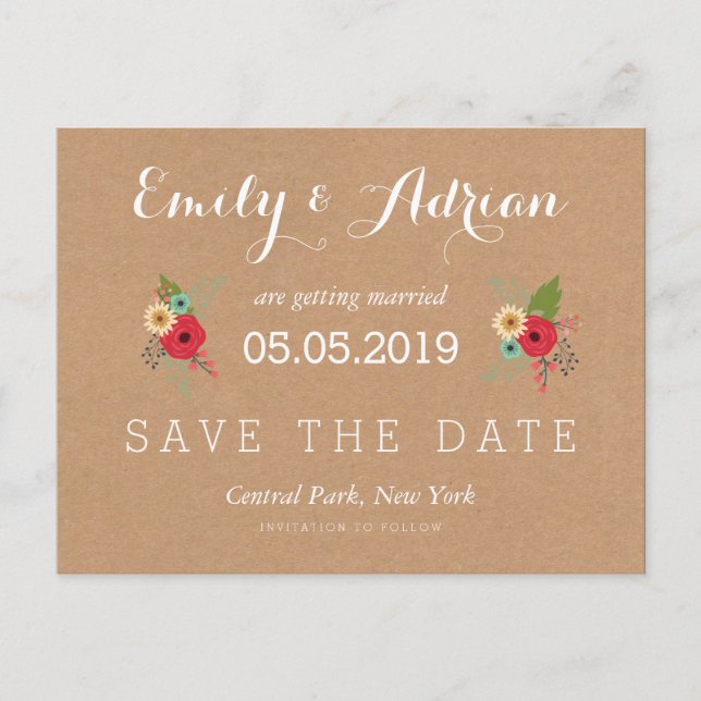 Floral Akzente Kraft Save the Date Postkarten (Vorderseite)