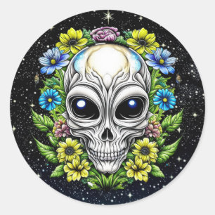 Floral Alien Skull Extraterrestriale Kunst Runder Aufkleber