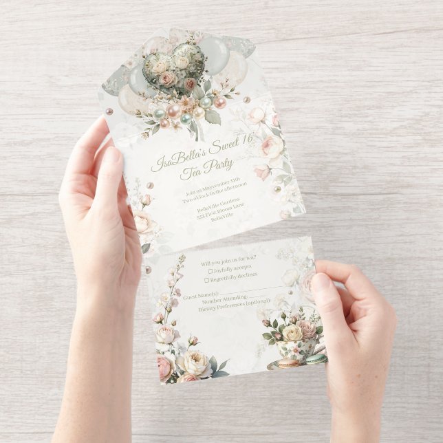 Floral All-in-One Tea Party Invitation with RSVP  All-in-One-Einladung (Abreißstreifen)