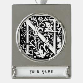 Floral Alphabet Monogram Letter N Tile Morris Banner-Ornament Silber