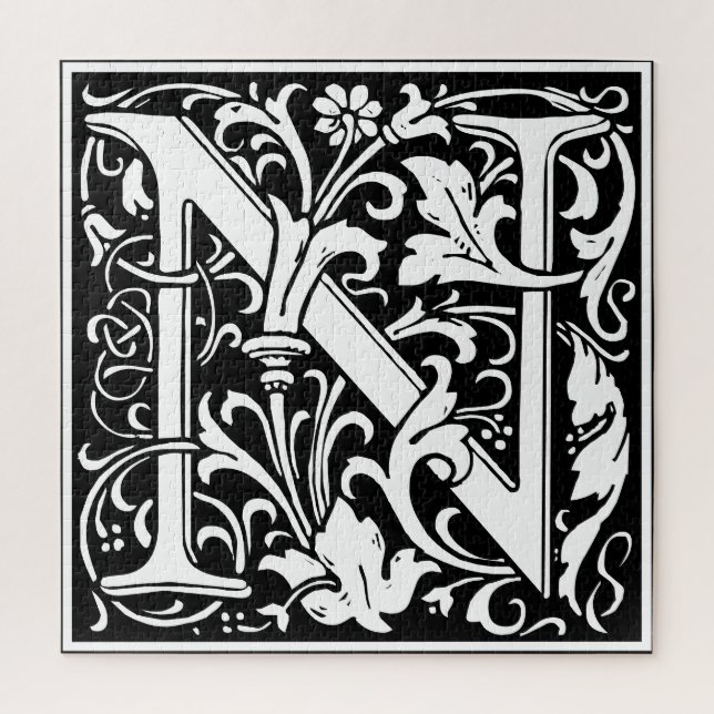 Floral Alphabet Monogram Letter N Tile Morris Puzzle (Vertikal)