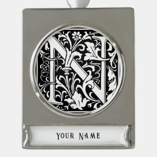 Floral Alphabet Monogramm Buchstabe N Fliese Morri Banner-Ornament Silber
