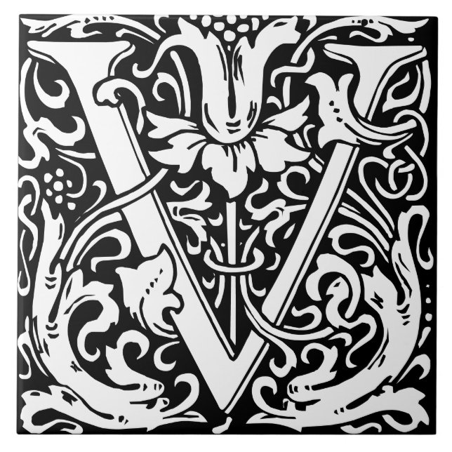 Floral Alphabet Monogramm Letter V Tile Fliese (Vorderseite)