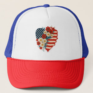 Floral American Flag Herz 4. Juli USA Truckerkappe