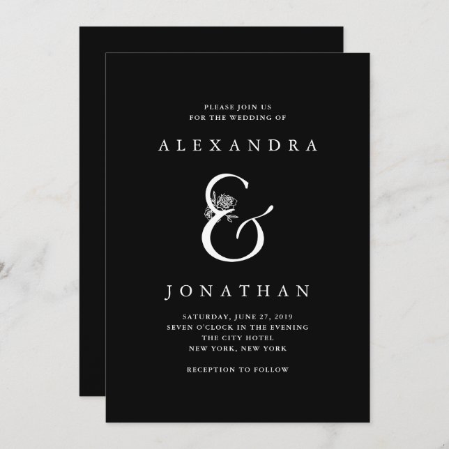 Floral Ampersand | Dramatische Schwarze Hochzeit Einladung (Vorne/Hinten)