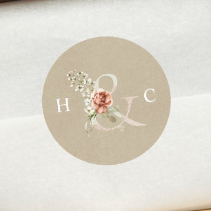 Floral Ampersand Elegant Wedding Monogram Kraft Runder Aufkleber