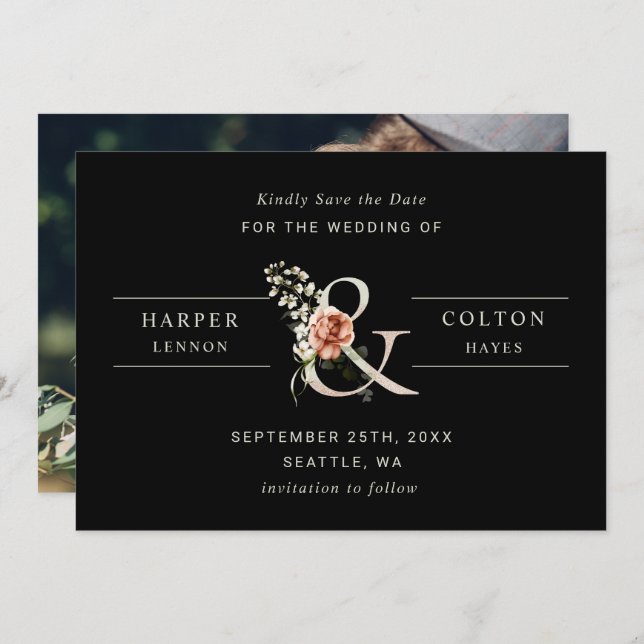 Floral Ampersand Elegantes Hochzeitschwarzes Foto Save The Date (Vorne/Hinten)