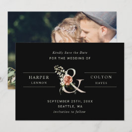 Floral Ampersand Elegantes Hochzeitschwarzes Foto Save The Date
