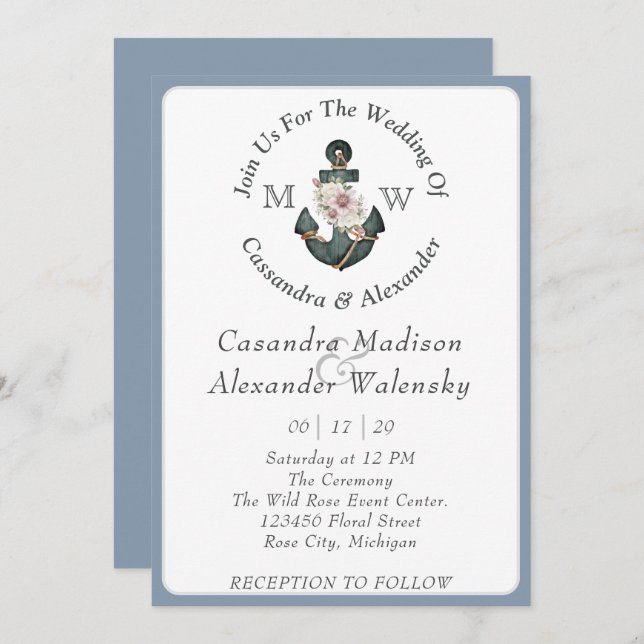 Floral Anchor Nautical Wedding Dusty Blue Einladung (Vorne/Hinten)