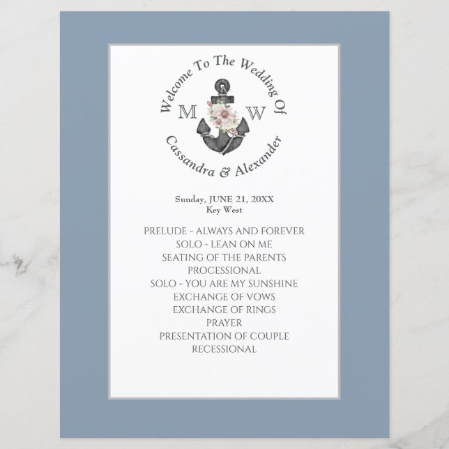Floral Anchor Nautical Wedding Dusty Blue Programm (Vorderseite)