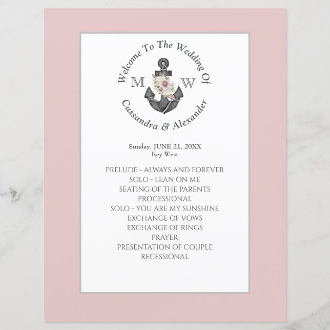 Floral Anchor Nautical Wedding Dusty Rose Programm (Vorderseite)