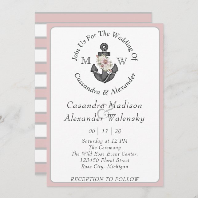 Floral Anchor Nautical Wedding Dusty Rose Streifen Einladung (Vorne/Hinten)